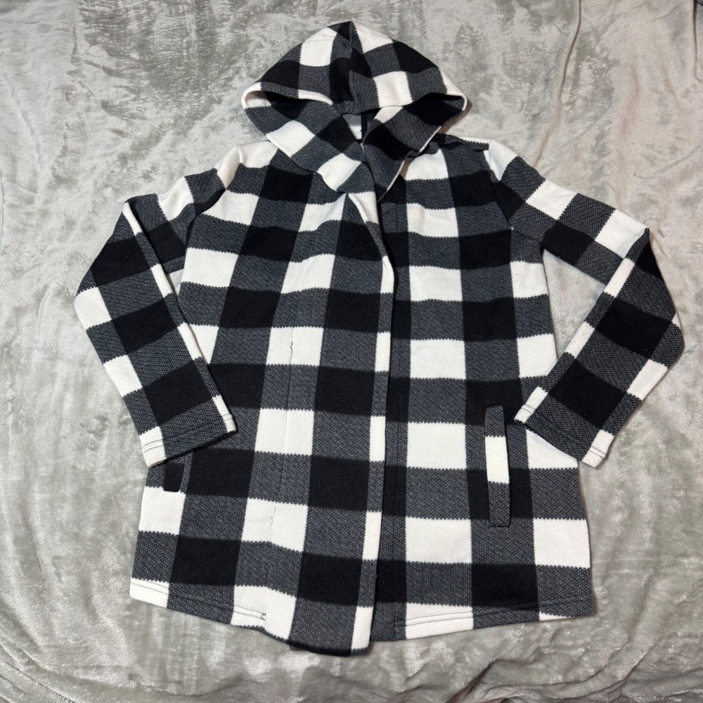 Maurices Black & White Buffalo Plaid Hooded Cardigan Medium